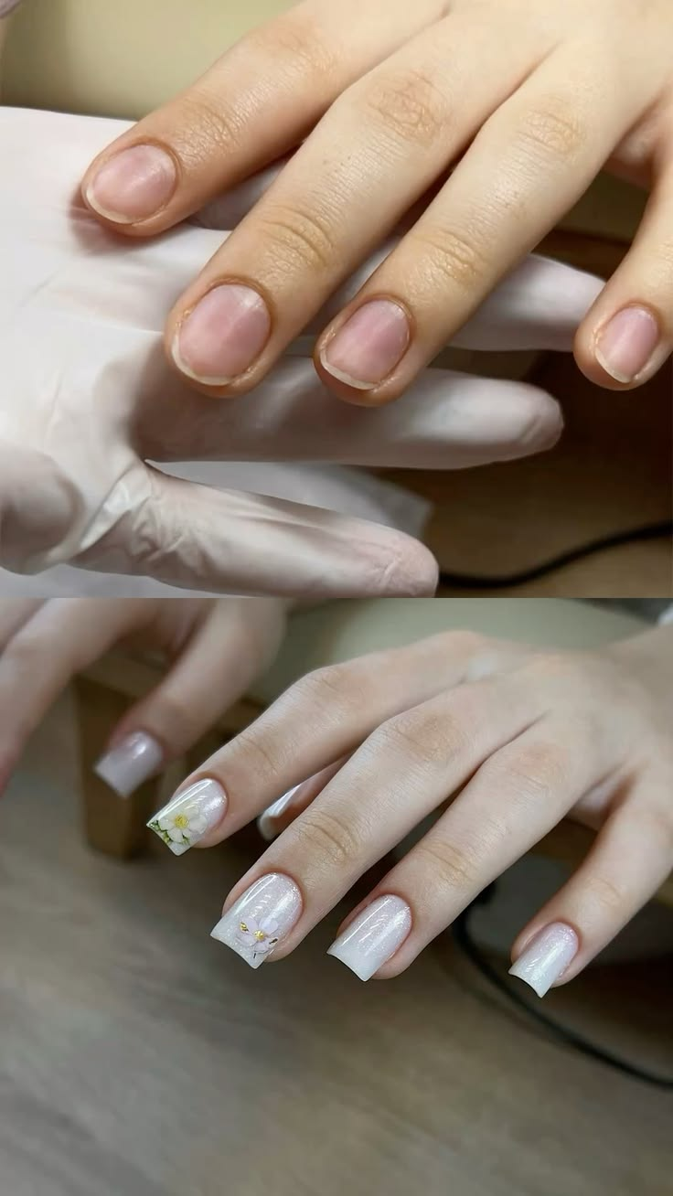 Antes e depois — Unhas curtas e sem forma → alongamento leitoso com detalhe floral